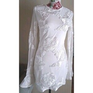 Ribbon Rose White Mini Dress Bell Sleeve Womens Small Wedding Bachelorette LWD